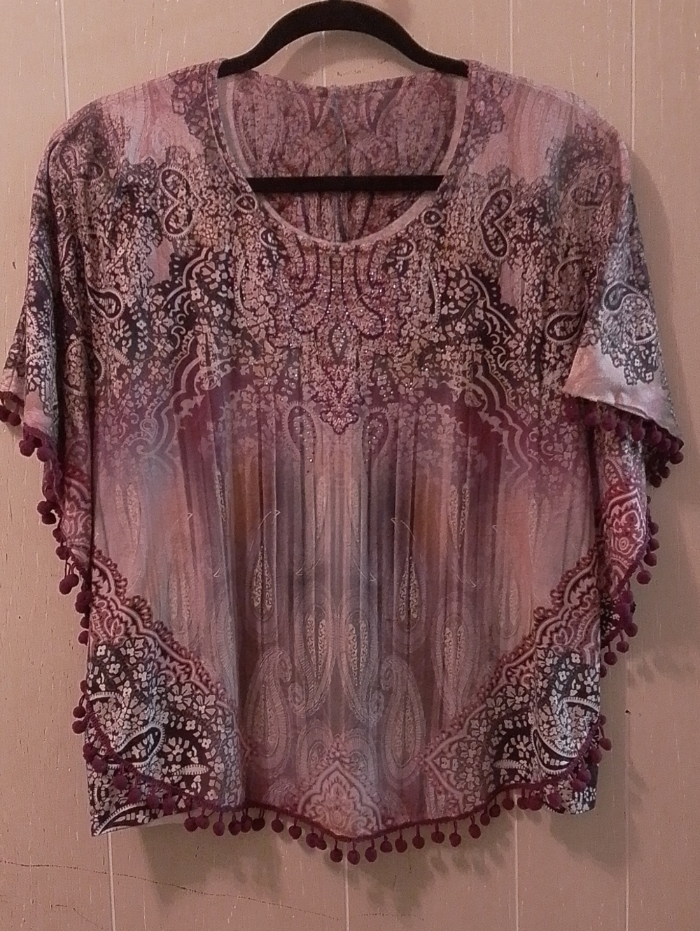 Boho Purple Paisley Pom-Pom Poncho Sleeve Shirt
